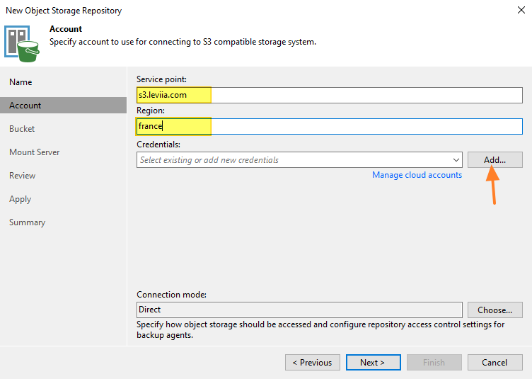 Ajouter un bucket Leviia dans Veeam Backup