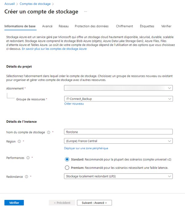 Azure Compte de stockage pour Rclone