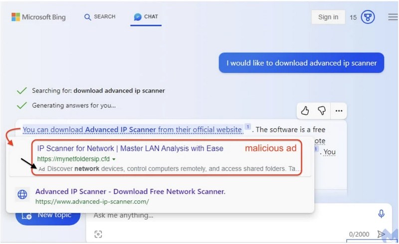 Publicité malveillante dans Bing Chat