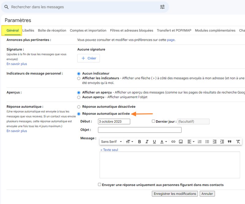 Gmail configurer la réponse automatique