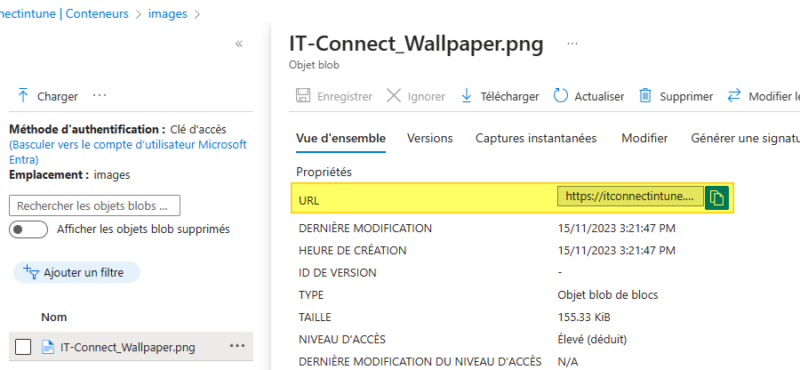 Copier l'URL d'une image dans espace de stockage Azure