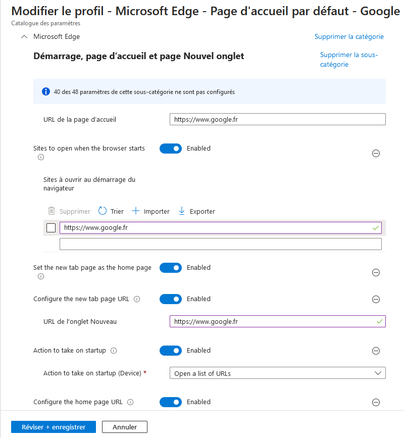 Prise en main Intune - Créer profil de configuration - Configure page accueil Microsoft Edge