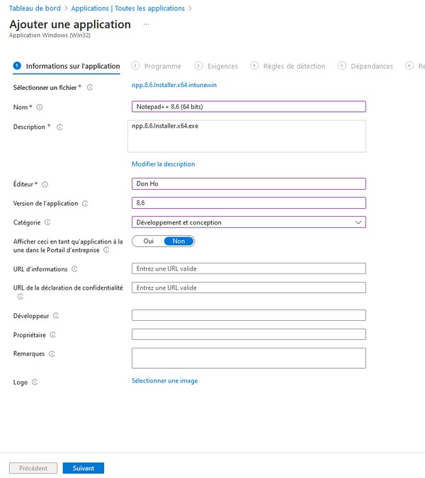 Intune - Ajouter une application - Informations sur l'application