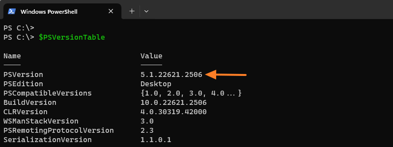 Afficher version PowerShell avec PSVersionTable