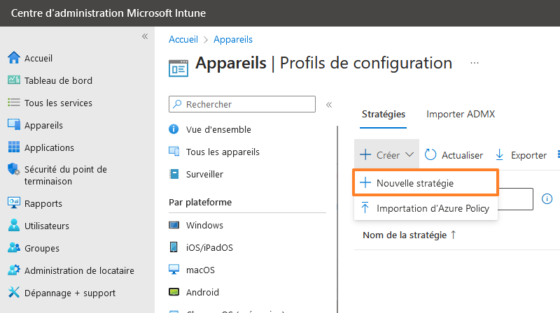 Créer nouvelle stratégie Intune pour Windows LAPS