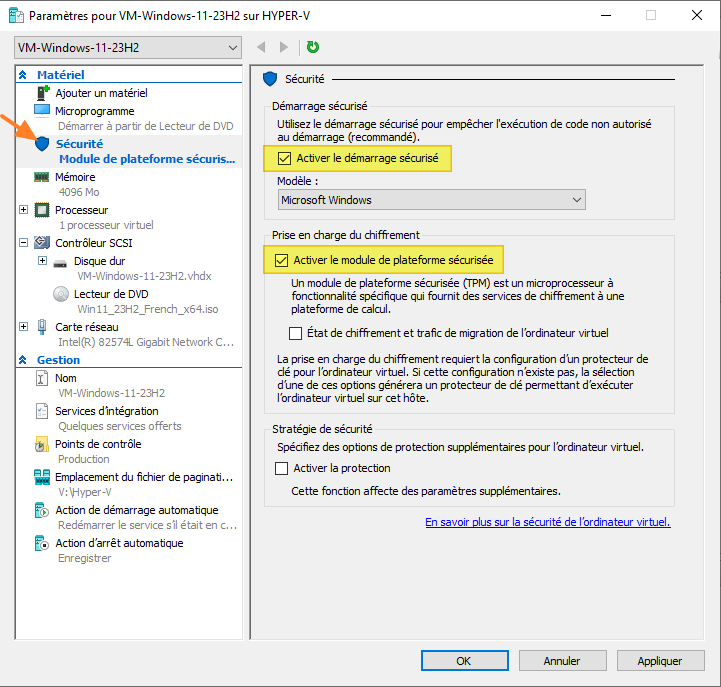 Hyper-V - Créer VM - Activer la puce vTPM