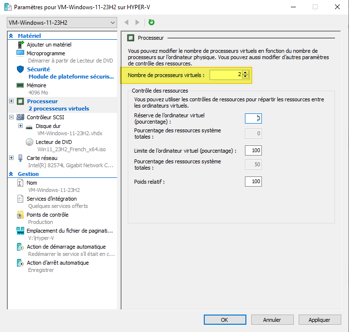 Hyper-V - Créer VM - Ajouter un vCPU