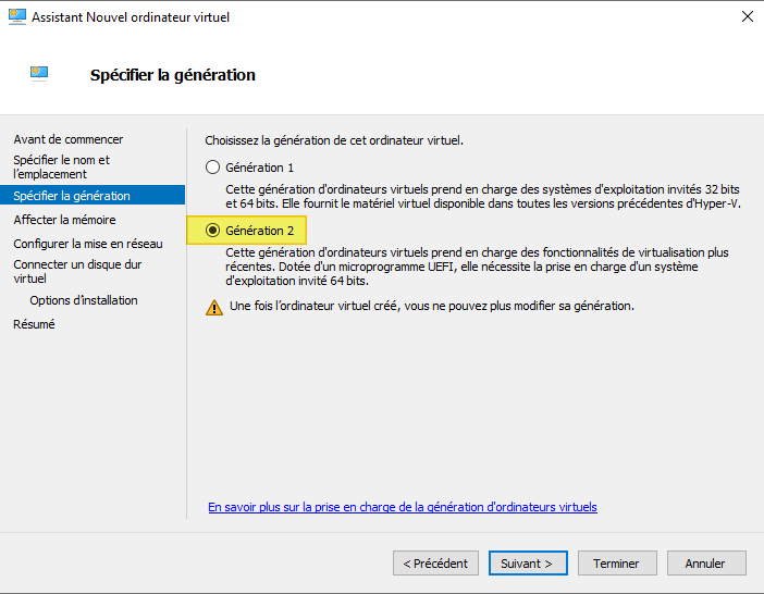 Hyper-V - Créer VM - Génération 2 pour Windows 11