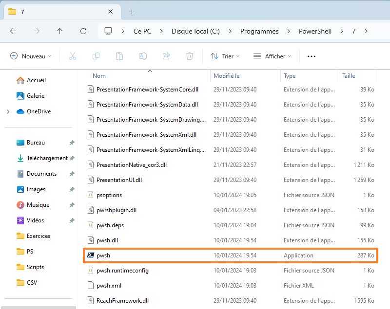 Chemin installation PowerShell 7 sur Windows