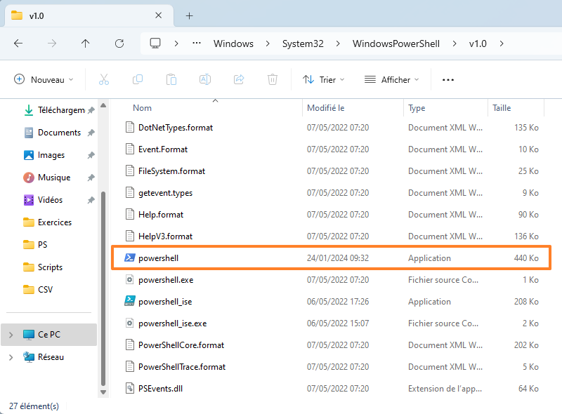 Chemin installation de Windows PowerShell