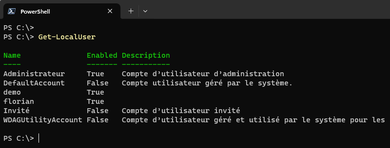 Get-LocalUser - Exemple - Liste des utilisateurs locaux