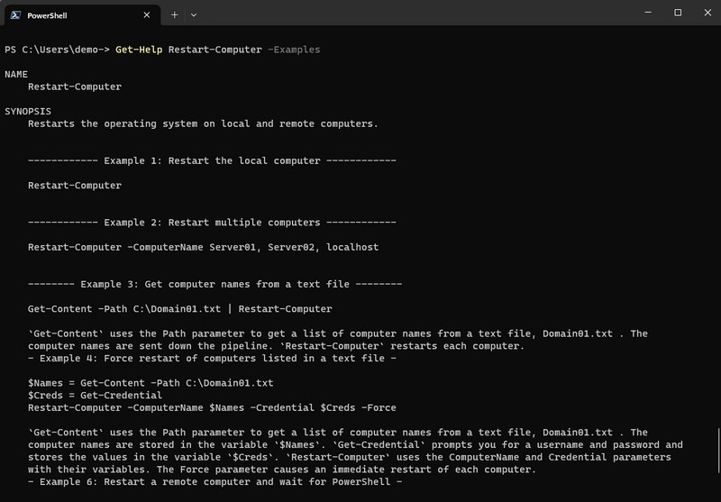 PowerShell obtenir aide avec des exemples