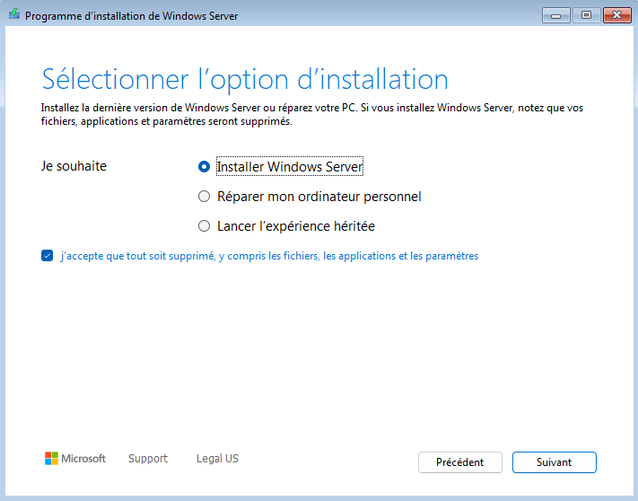 Windows Server 2025 - Sélectionner option installation