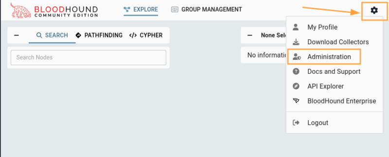 Accès au menu d'administration dans l'interface web de BloodHound.