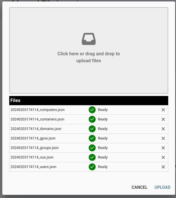 Dépôt des fichiers JSON dans l'interface BloodHound.