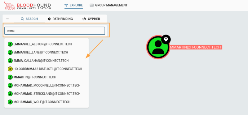 Recherche et sélection d'un node via le menu "Explore".