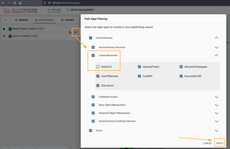 Filtre d'exclusion d'un type d'edge dans une recherche via BloodHound.