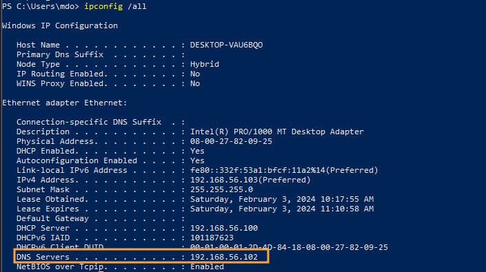 Identification du serveur DNS principal via ipconfig all