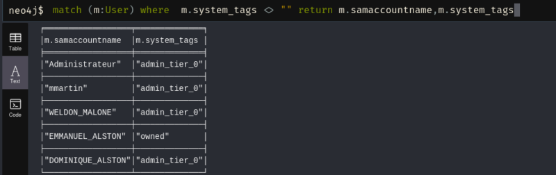 Affichage des "system_tags" utilisée pour les groupes "Owned" et "High Value" dans la base de données neo4j.