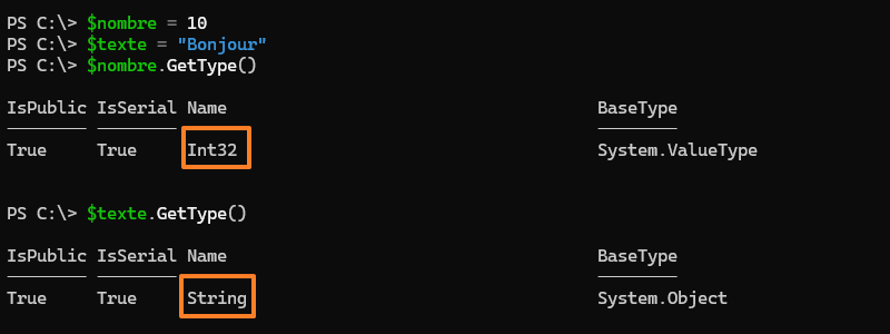 Afficher le type variable PowerShell avec GetType