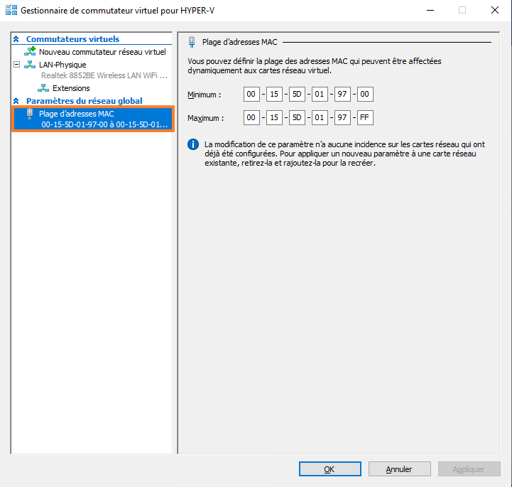 Hyper-V - Plage adresses MAC vSwitch