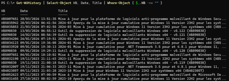 PowerShell - Get-WUHistory avec filtre - Exemple