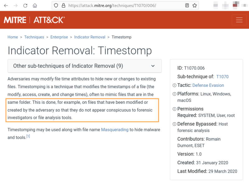 Description du T1070.006 - Indicator Removal : Timestomp dans le framework MITRE ATT&CK.