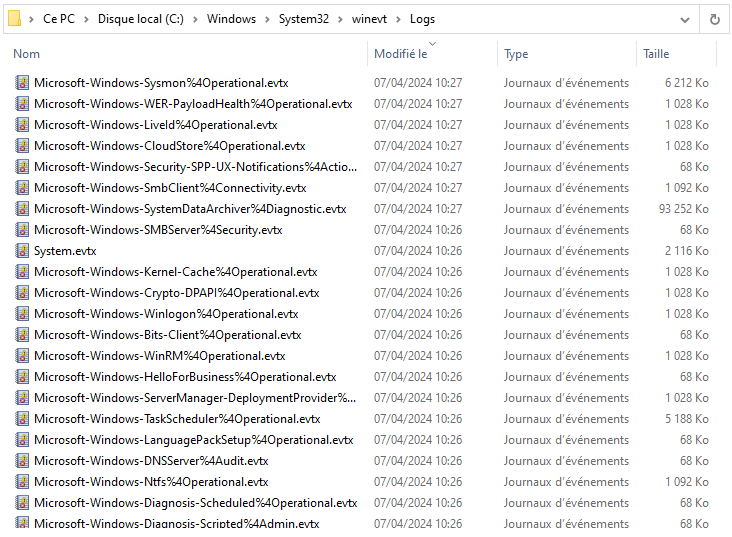 Répertoire par défaut d'un système Windows contenant les journaux d'évènements.