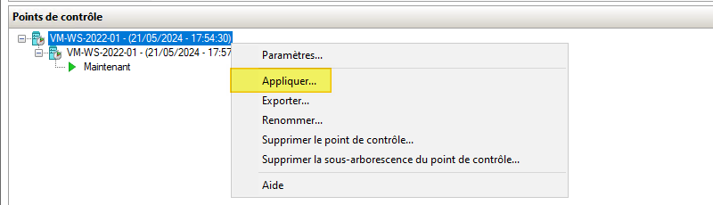 Hyper-V Windows Server 2022 - Restaurer un point de contrôle