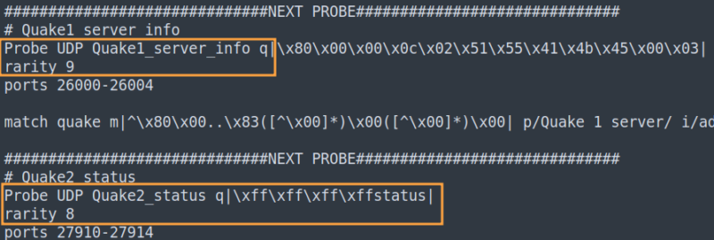 Exemples de Probe à rarity 8 et 9 dans le fichier “/usr/share/nmap/nmap-service-probes”.