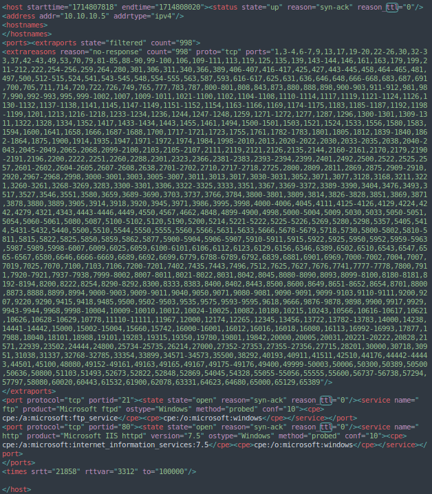 Exemple d’un enregistrement au format XML pour 1 hôte lors d’un scan Nmap.