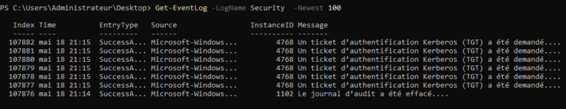 Utilisation de “Get-EventLog” pour récupérer les 100 derniers évènements du journal “Security”.