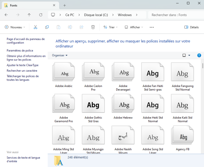 Aperçu du répertoire Windows Fonts