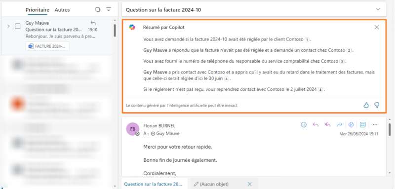 Copilot pour Microsoft 365 - Outlook - Résumer un échange d'e-mails