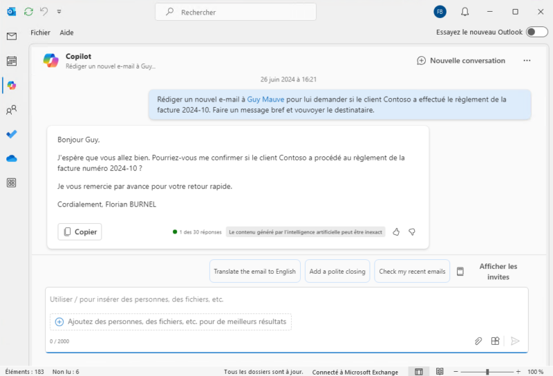 Copilot pour Outlook - Rédiger un e-mail