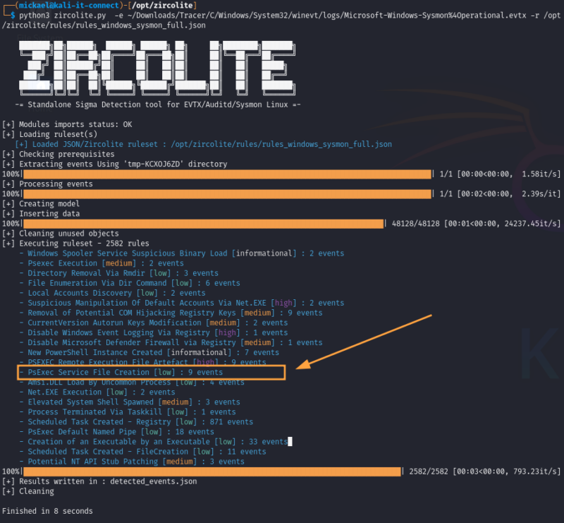 Exécution de Zircolite sur un journal d'évènement au format ".evtx".