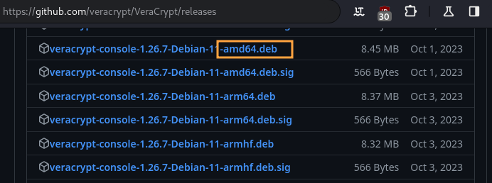 Identifier l'architecture dans les packages VeraCrypt sur Github.
