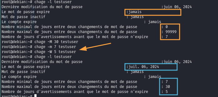 Constat des changements effectués avec la commande "chage".