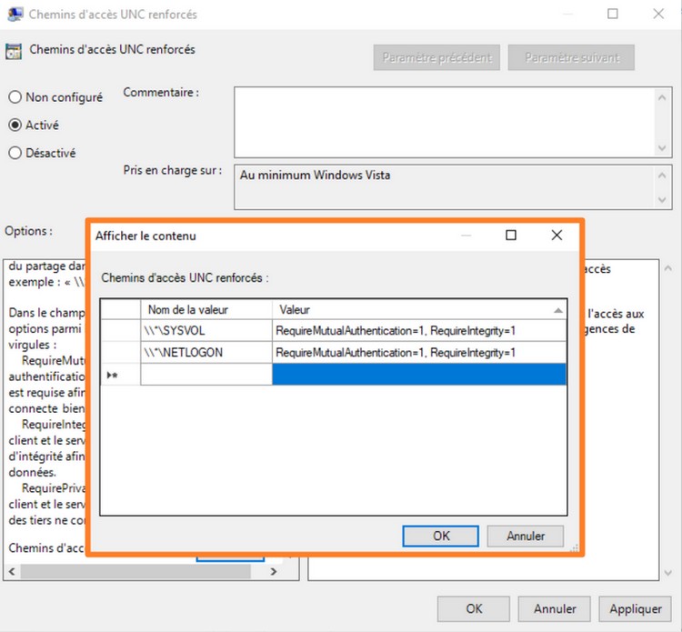 Chemins UNC hardened pour Active Directory