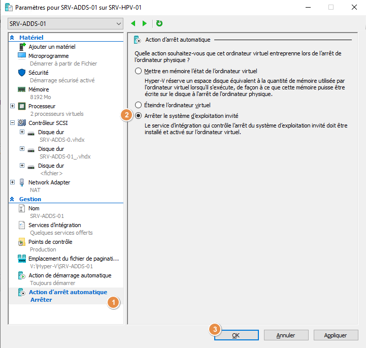 Hyper-V - Configurer arrêt automatique VM