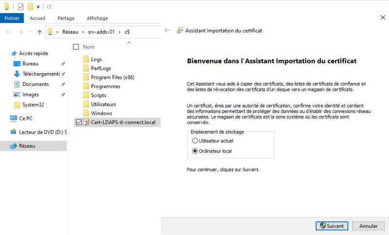 Importer certificat PFX LDAPS sur DC