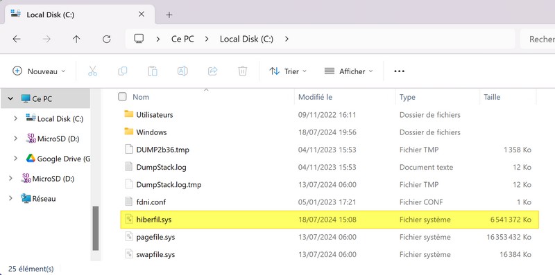Windows 11 - Fichier hiberfil.sys
