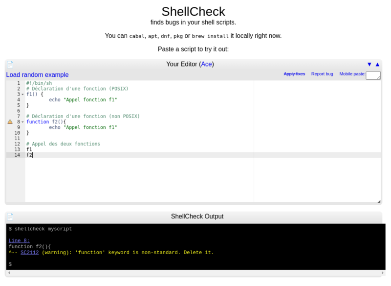  Utilisation de la version en ligne de “shellcheck”.