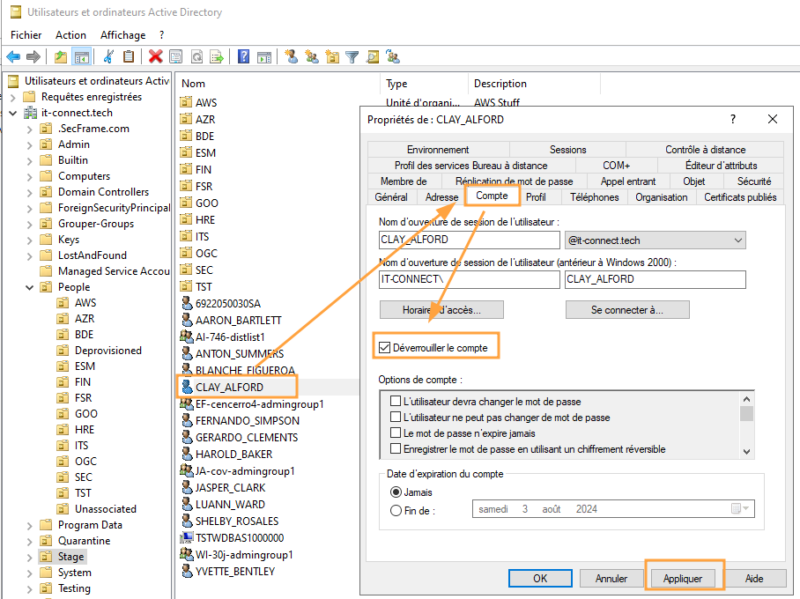 Déverrouillage d’un compte depuis la console “Utilisateurs et ordinateurs Active Directory”.