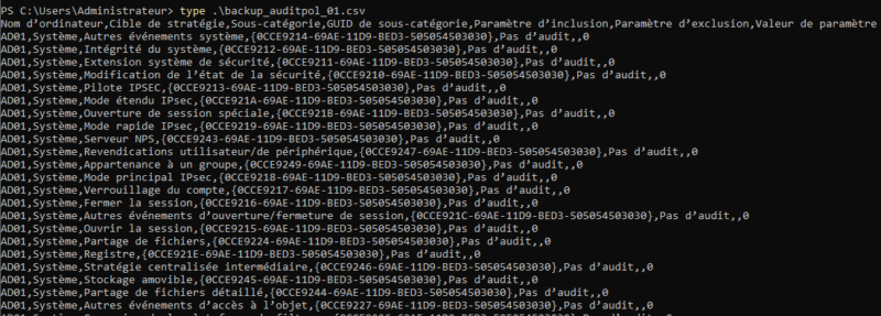 Exemple de backup de stratégie d'audit au format CSV réalisé par "auditpol.exe"