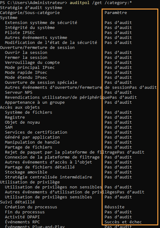 Affichage du paramétrage actuel des stratégies d'audit via "auditpol.exe".