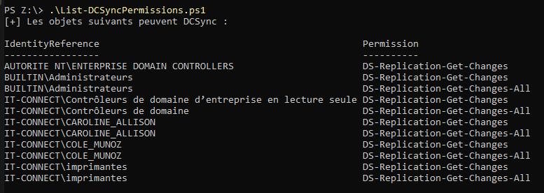 Affichage de la liste des objets du domaine pouvant DCSync