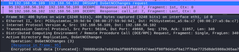 Opération “DsGetNCChanges” via DRSUAPI (RPC) à destination du contrôleur de domaine.