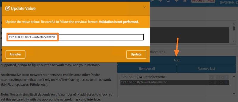 NetAlertX - Ajouter un sous-réseau à scanner