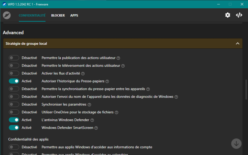 Catégorie "avancée" des options de confidentialités Windows dans WPD.